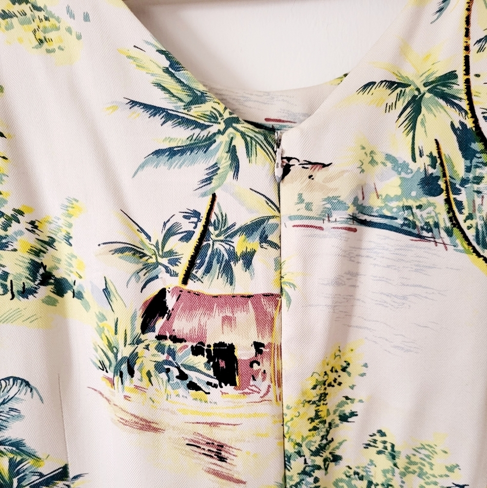 Tiki Classics 100% Silk Summer Dress Beige Palm Tree and Canoe Print Size L - Picture 6 of 8